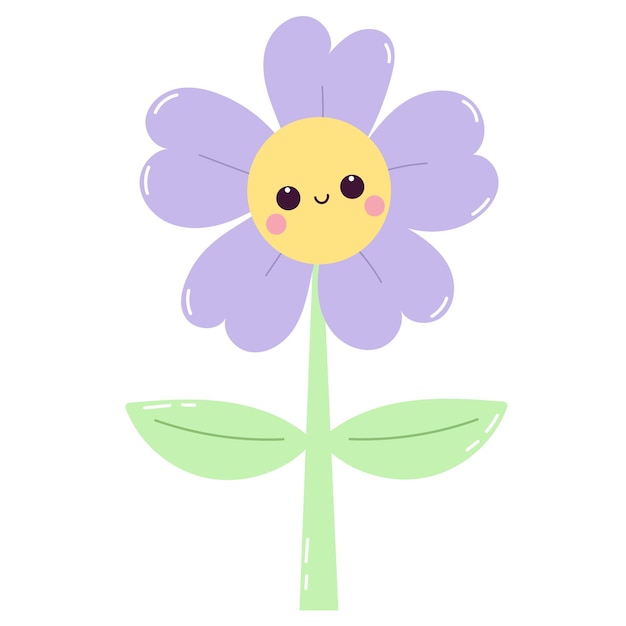 La flor púrpura de Kawaii con una cara sonriente y linda