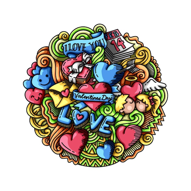 Flor de regalo para el día de San Valentín Beso romántico Carta Corazón Arte colorido Doodle