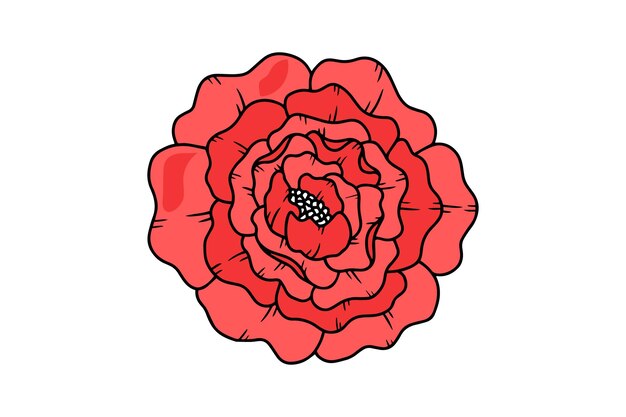 Una flor roja con un contorno negro sobre un fondo blanco.