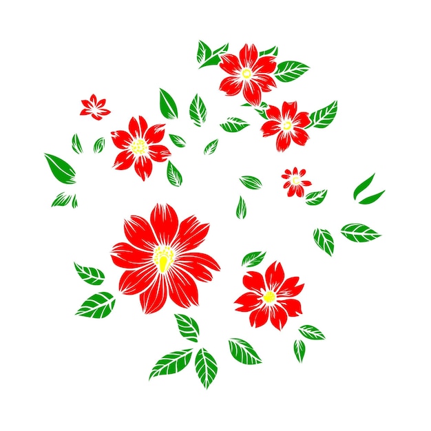 una flor roja con hojas verdes y flores rojas en un fondo blanco
