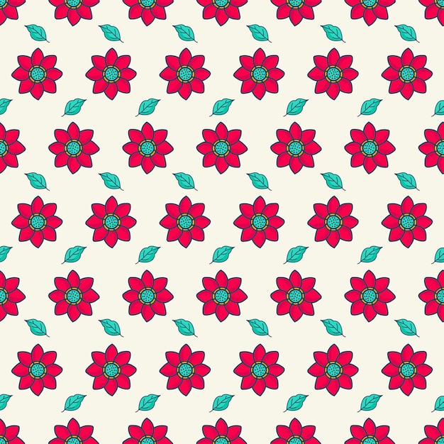 Flor roja y patrones de hojas verdes.