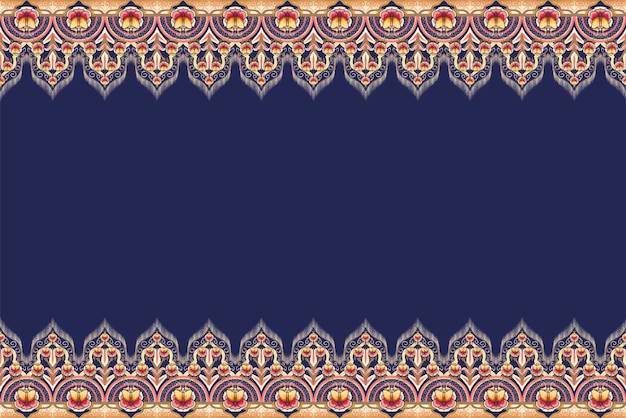 Flor rosa amarilla marrón sobre azul marino Patrón geométrico étnico oriental tradicional Diseño para fondo alfombra papel tapiz ropa envoltura Batik tela vector ilustración bordado estilo