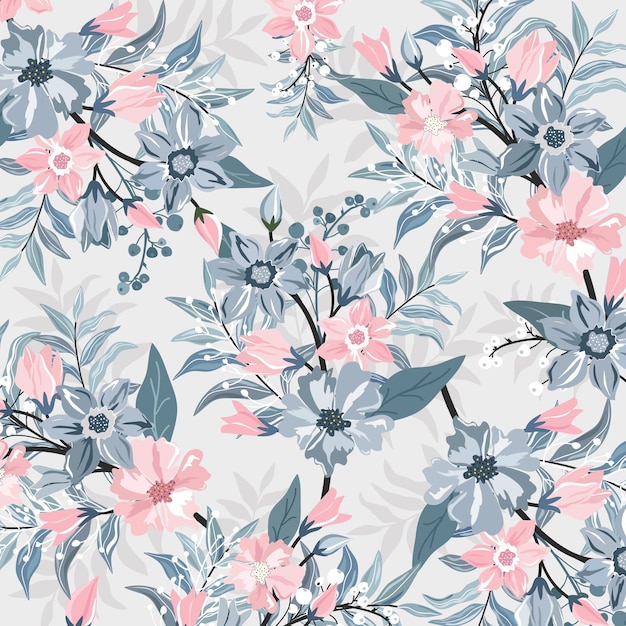 Flor rosa y azul con hojas de patrones sin fisuras