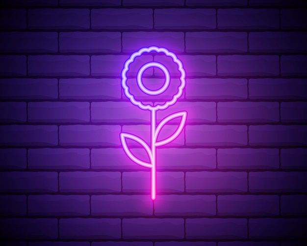 Flor rosa brillante neón ui ux icono signo brillante logo vector flor brillante aislada sobre fondo de pared de ladrillo