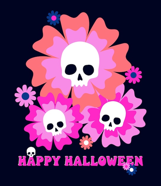 Vector flor rosa con calaveras y texto feliz halloween vector ilustración