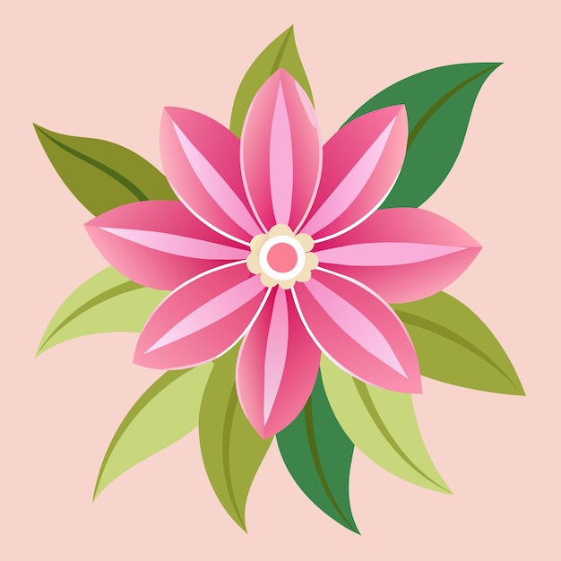 una flor rosa con un centro blanco y hojas verdes