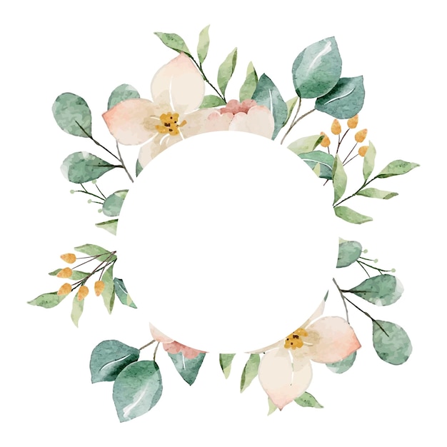 Flor rosa con círculos y hojas verdes en estilo acuarela.