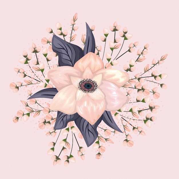 Vector flor rosa con diseño de pintura de hojas, decoración de jardín de adorno de planta de naturaleza floral natural e ilustración de tema de botánica