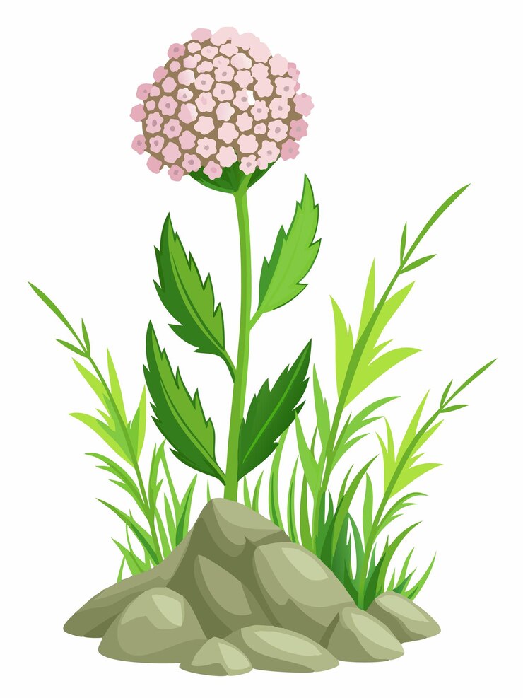 Vector una flor rosa está creciendo en la hierba con un fondo blanco