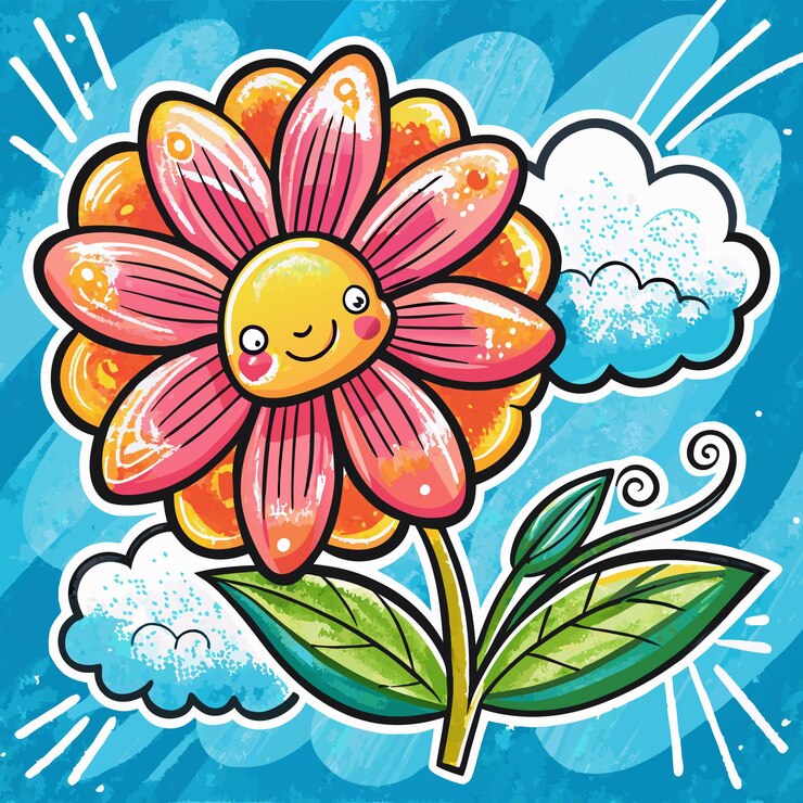 Vector una flor rosa de estilo caricatura con una cara amarilla sonriente y hojas verdes está rodeada de nubes blancas sobre un fondo de cielo azul