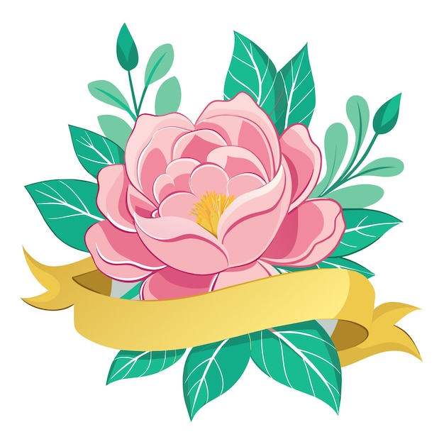 Una flor rosa con hojas verdes y una cinta amarilla