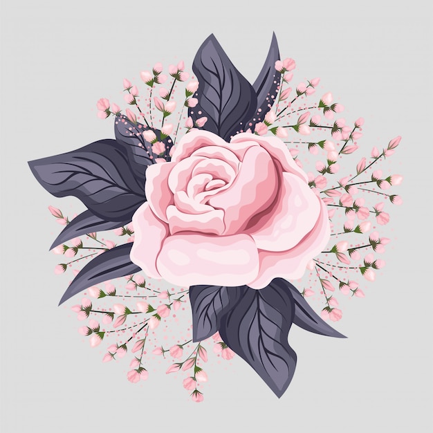 Vector flor rosa rosa con diseño de pintura de hojas, decoración de jardín de adorno de planta de naturaleza floral natural e ilustración de tema de botánica