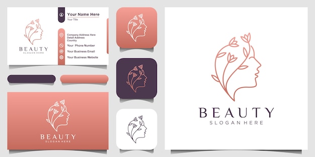 Flor de rostro de mujer hermosa creativa con logotipo de estilo de arte lineal y diseño de tarjeta de visita