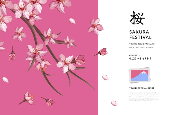 Vector flor de sakura flor de cerezo natural japón gira asiática viaje al extranjero cartel banner tarjeta de felicitación texto traducción flor de cerezo