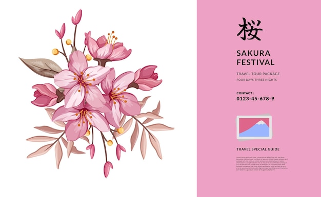 Flor de sakura flor de cerezo natural japón gira asiática viaje al extranjero cartel banner tarjeta de felicitación texto traducción flor de cerezo