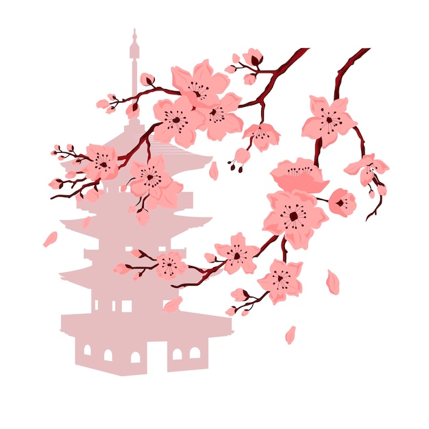 Vector flor de sakura. rama de cerezo con flores y capullos. pétalos cayendo. ilustración de dibujos animados plano de color vectorial aislado sobre fondo blanco y pagoda.