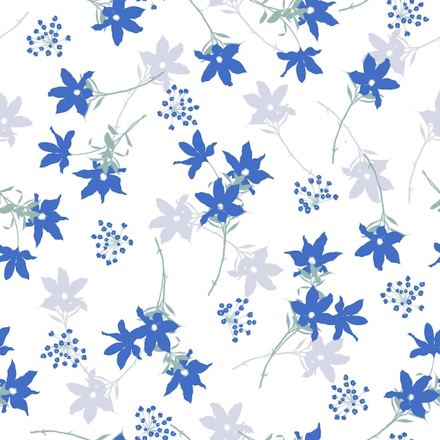 Flor salvaje que sopla suave con la silueta de flores de patrones sin fisuras vector EPS10, color azul, verde y gris Diseño para moda, tela, textil, papel tapiz, cubierta, web, envoltura y todas las impresiones