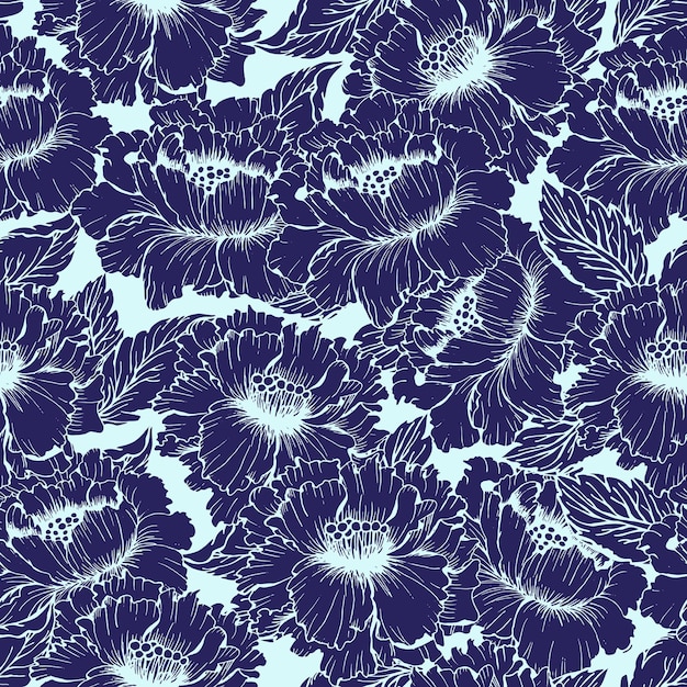Flor de silueta de peonías de China con hojas de fondo dibujado a mano elementos florales azules marinos para el diseño de superficies patrón sin costuras vectorial para papel tapiz de tela de textil libro de recortes