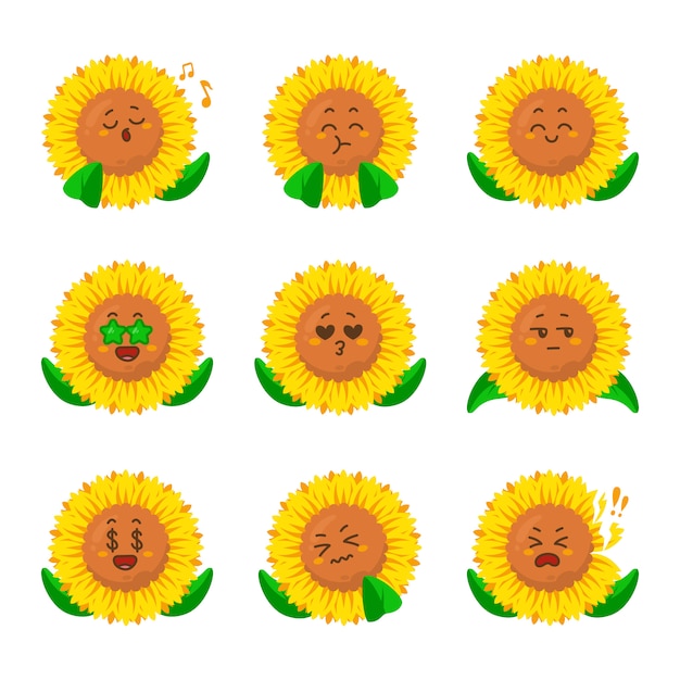 Flor del sol icono divertido caricatura de dibujos animados haciendo idea cantando música feliz alegre selfie comiendo enfermo tiene dólar