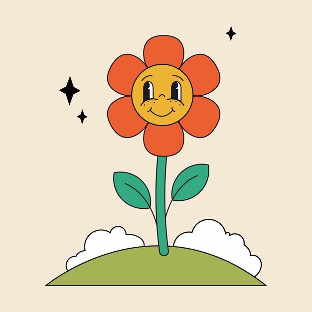 Flor sonriente en ilustración retro groovy para camiseta o cartel gráfico Vector