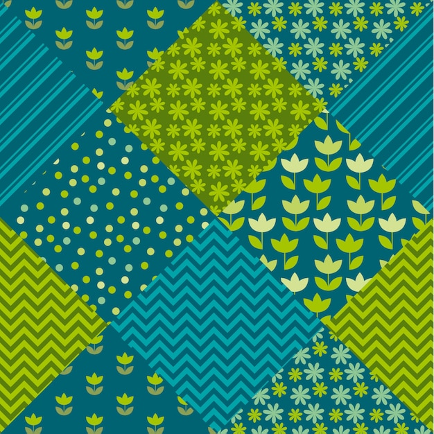 Flor de tulipán de color azul y verde y mosaico con motivos geométricos. diseño de ilustración de parche surtido simple.