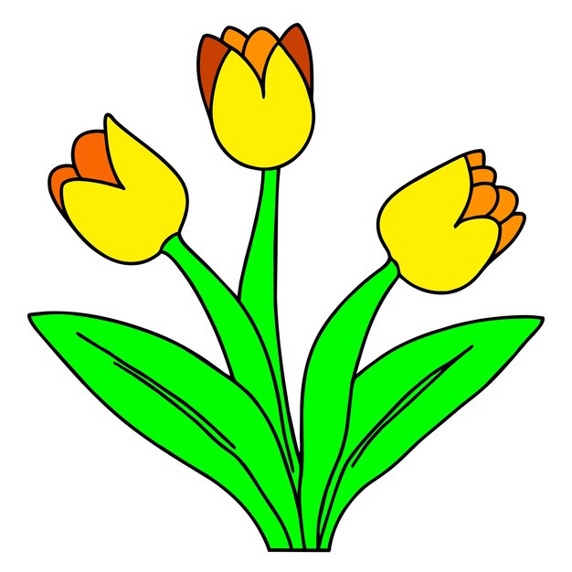 Vector la flor de los tulipanes amarillos con hojas verdes