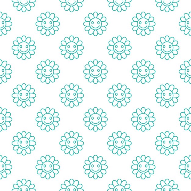 Flor con vector de cara sonriente linda estilo retro hippie patrón sin costuras en estilo de línea delgada