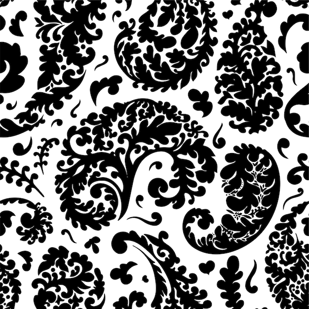 Flora decorativa y follaje, hojas y remolinos de patrones sin fisuras. Ramas y florecimiento, estampado botánico aislado en blanco. Fondo o tela, vector de adornos de textura botánica en estilo plano