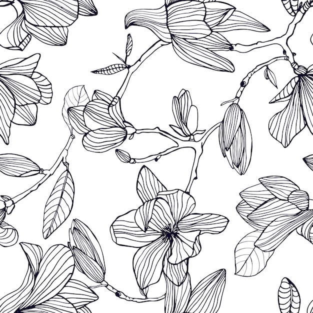 Floración de magnolia. Mano dibujada de patrones sin fisuras en blanco y negro con flores florecientes. fondo de pantalla.