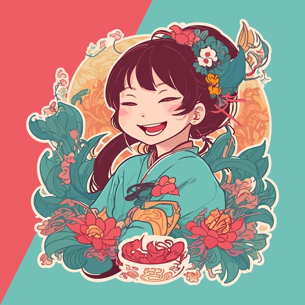 Floral Bliss Happy Chinese Woman Ilustración vectorial para pegatinas y logotipos adornados con flores