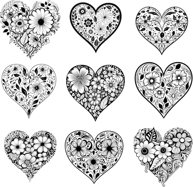 Floral corazón flor de corazón línea de arte silueta colección en blanco y negro