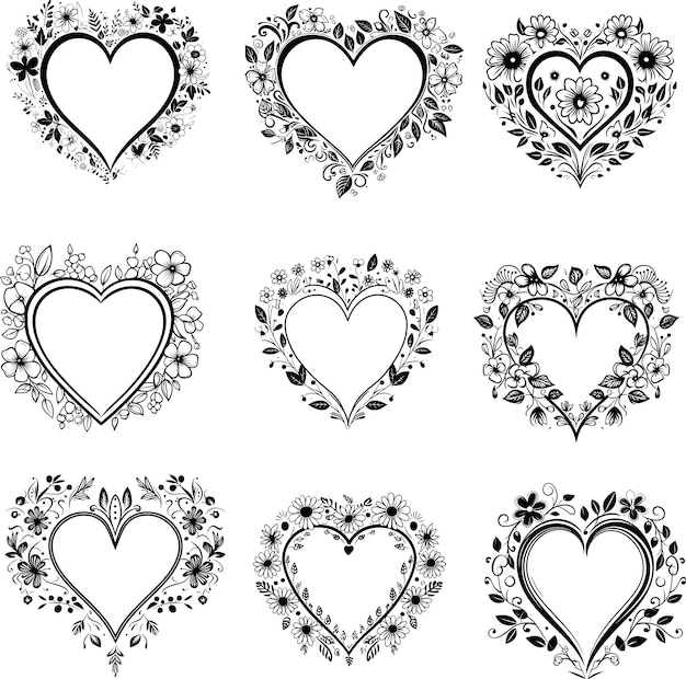 Floral corazón flor de corazón línea de arte silueta colección en blanco y negro