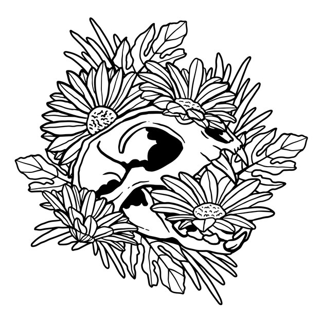 Floral Daisy Flower Cat Skull ilustración Página para colorear