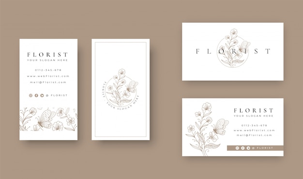 Floral con diseño de logotipo minimalista de mariposa con tarjeta de visita