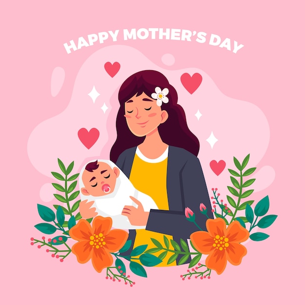 Floral feliz día de la madre y mujer con niño