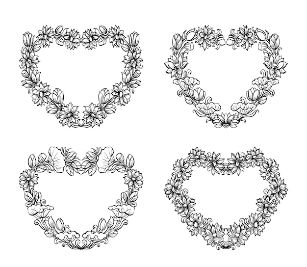 Floral en forma de corazón, esqueleto dibujado a mano