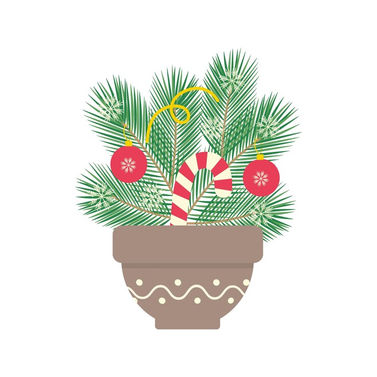 Vector floral mocha mousse pintado caña de caramelo y ramas de abeto decoradas con decoración de año nuevo y copos de nieve