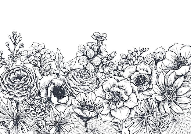 Floral con plantas y flores de primavera dibujadas a mano. Monocromo