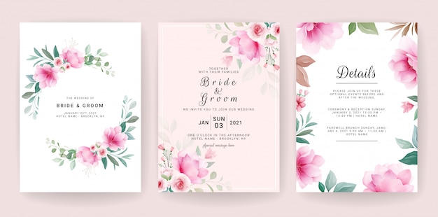 Floral. Plantilla de tarjeta de invitación de boda con flores y decoración de acuarela