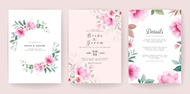 Floral. plantilla de tarjeta de invitación de boda con flores y decoración de acuarela