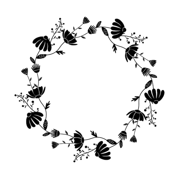 Floral silueta negra y blanca silueta marco redondo ornamento resorte En blanco aislado