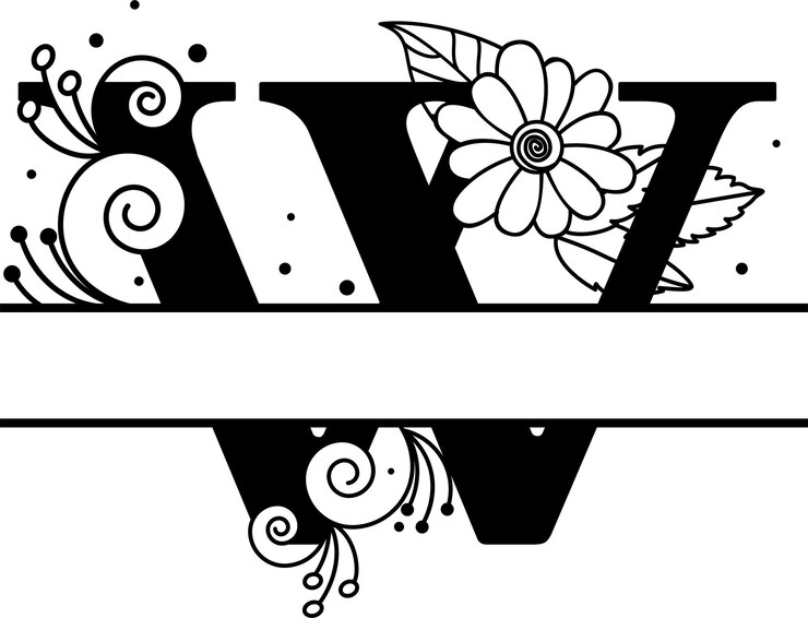 Vector floral split letter w tipografía en blanco y negro monograma alfabeto botánico diseño del logotipo