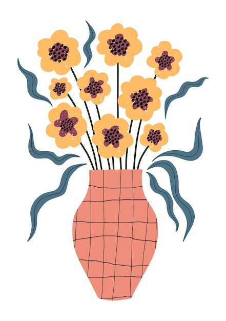 floral vase illustration with hand drawn yellow flowers blue leaves