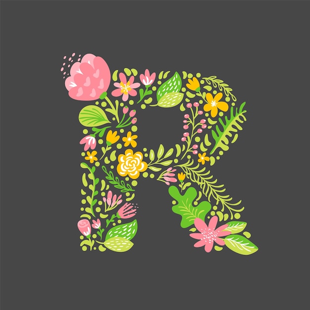 Vector floral verano letra r flor capital boda alfabeto en mayúsculas fuente colorida con flores