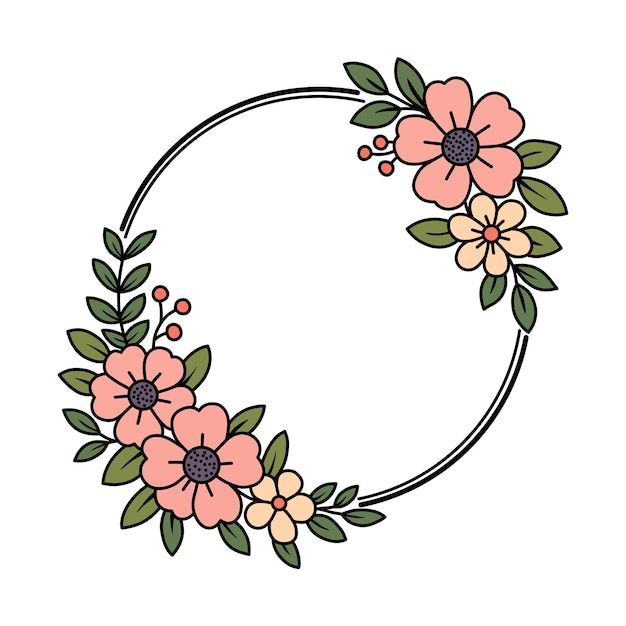 Floral wreath with pink and cream flowers green leaves and red berries on a white background
