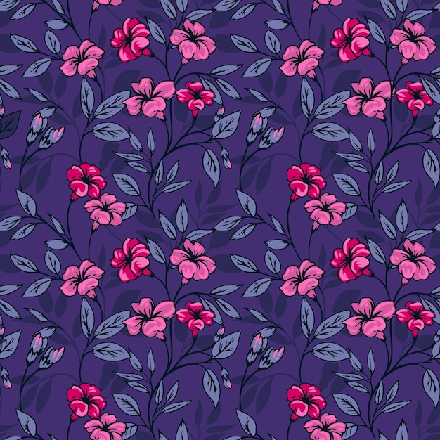 Florecimiento de flores artísticas ramas y hojas patrón vector dibujado a mano tallo floral impresión azul