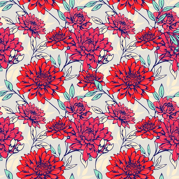 Florecimiento de grandes flores rojas patrón dibujo vectorial abstracto artístico crisantemo dahlia peonías