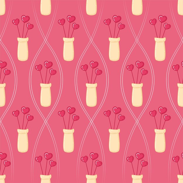 Florero de fondo de amor romántico vectorial con flores de corazón sobre fondo rosa Patrón para el diseño de papel tapiz del sitio impresión en postales de tela ropa de cama envoltura de regalos y pijamas