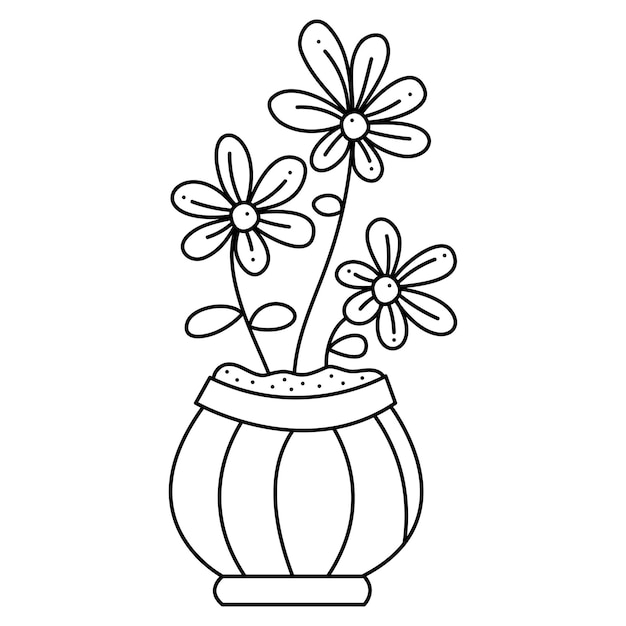Flores abstractas en una olla segundo Doodle vector ilustración en blanco y negro