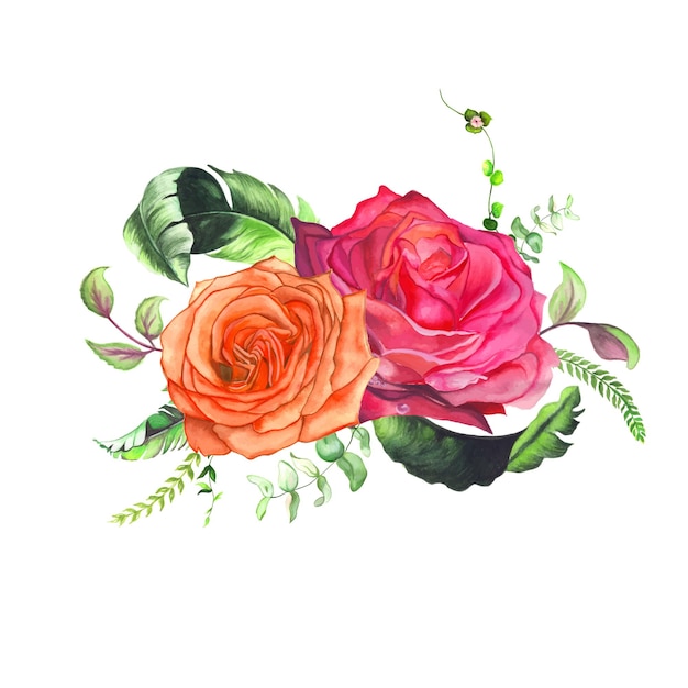 Flores abstractas ramo rosa verde naranja acuarela fondo ilustración alta resolución Foto gratis